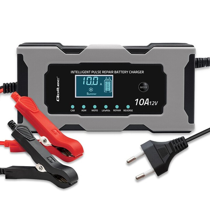 Qoltec 52493 12V 10A Charger | Rectifier with Repair Function for AGM GEL LiFePO4 Batteries | LCD
