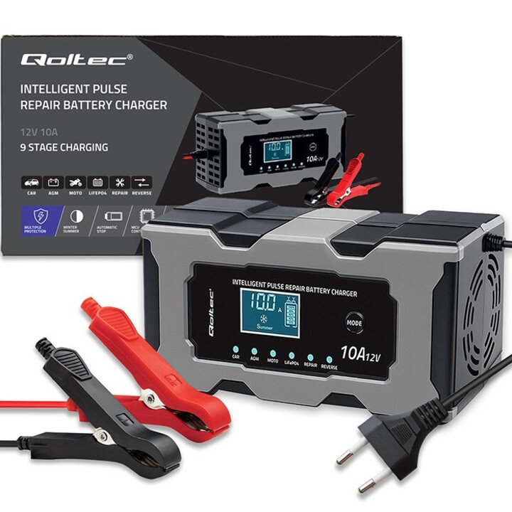 Qoltec 52493 12V 10A Charger | Rectifier with Repair Function for AGM GEL LiFePO4 Batteries | LCD