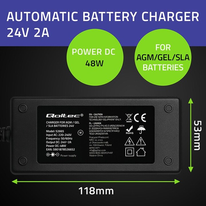 Caricabatterie automatico Qoltec 52665 per batterie AGM GEL STD | Caricabatterie 24V | 2A | 48W | LED | Cavo da 1,8 m