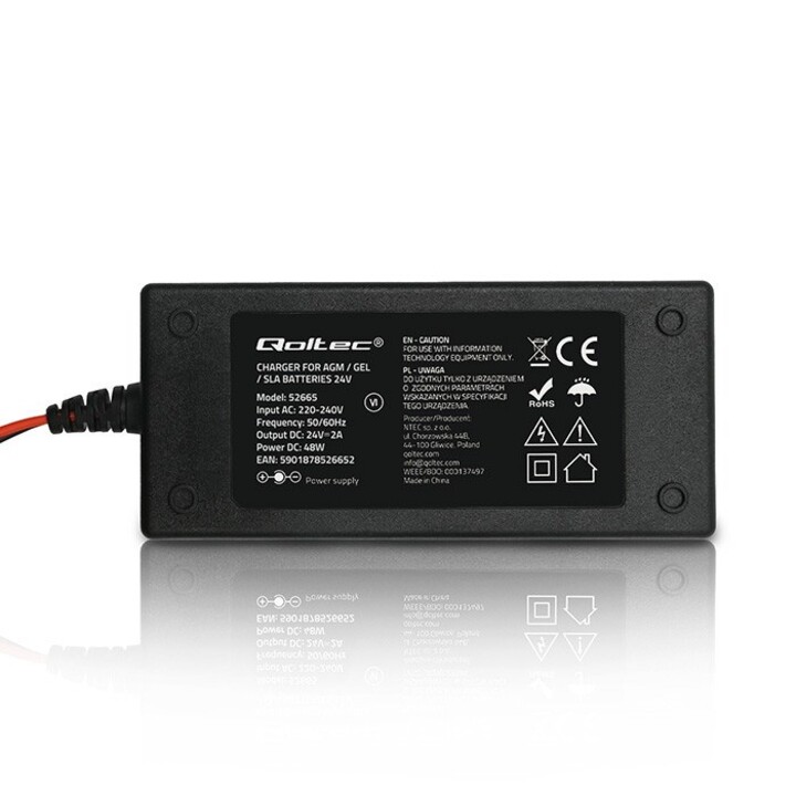 Qoltec 52665 Automatic Charger for AGM GEL STD Batteries | 24V Charger | 2A | 48W | LED | 1.8m Cable