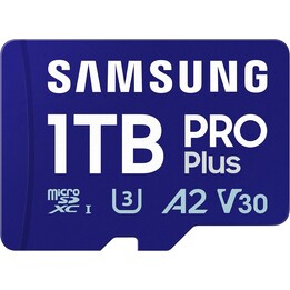 Tarjeta microSD Samsung PRO Plus + adaptador SD, 1 TB, UHS-I U3, Full HD y 4K UHD, 180 MB/s de lectura, 130 MB/s de escritura
