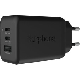 Caricabatterie rapido Fairphone Dual USB-C + USB da 65 W, nero.