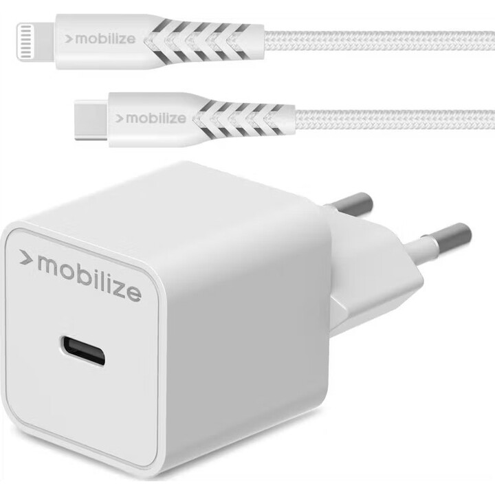 Chargeur rapide USB-C Mobilize 20 W + câble USB-C-Lightning blanc