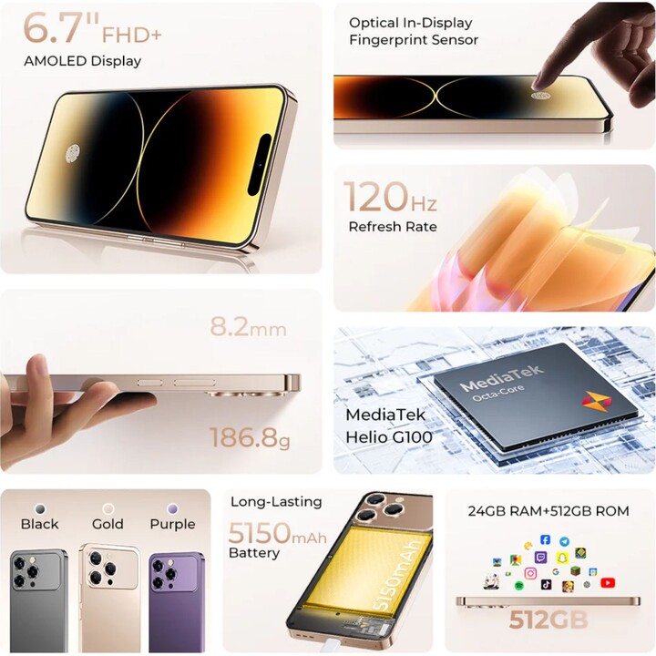 Oukitel P1 Pro, 8 Go 512 Go, 6,7 AMOLED FHD+, 5150 mAh, violet