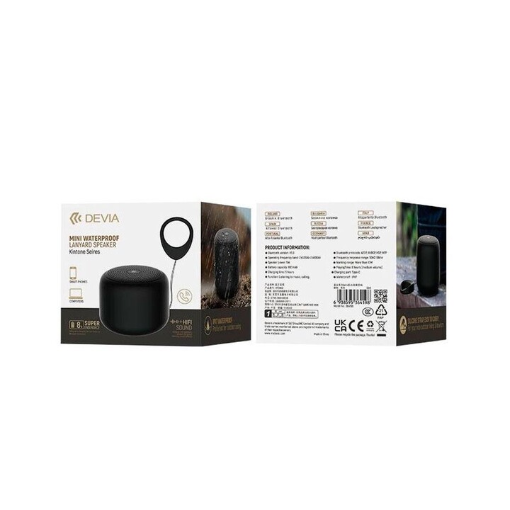 Enceinte sans fil à cordon Devia Kintone / 5 W / 800 mAh / IPX7 / Portée de 10 mètres / Noir