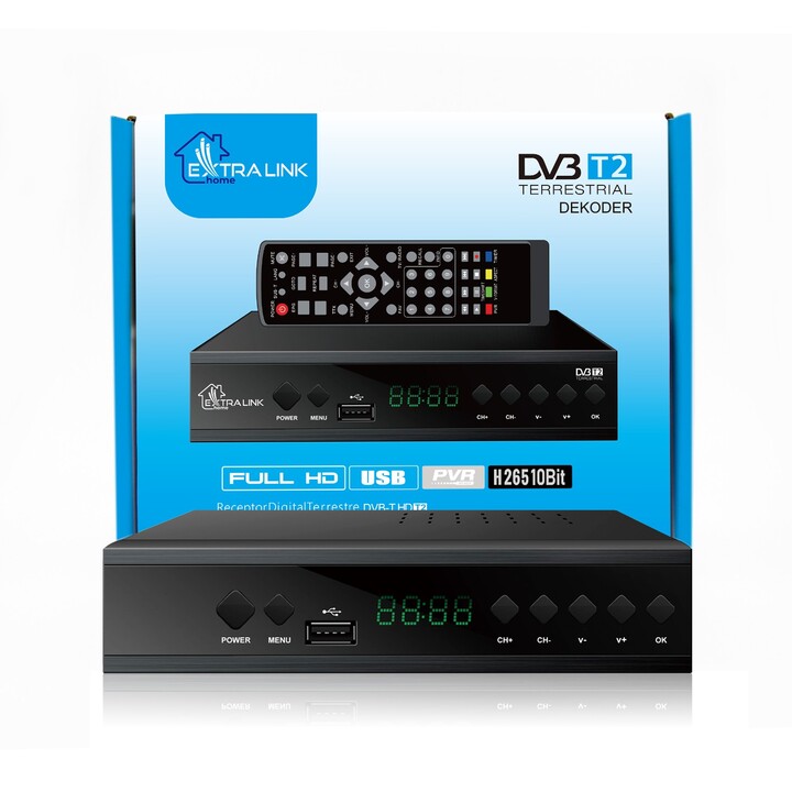 Extralink Home Tuner DVB-T2 Decoder Digital Terrestrical TV H.265 HEVC Full HD USB HDMI + Fernbedienung