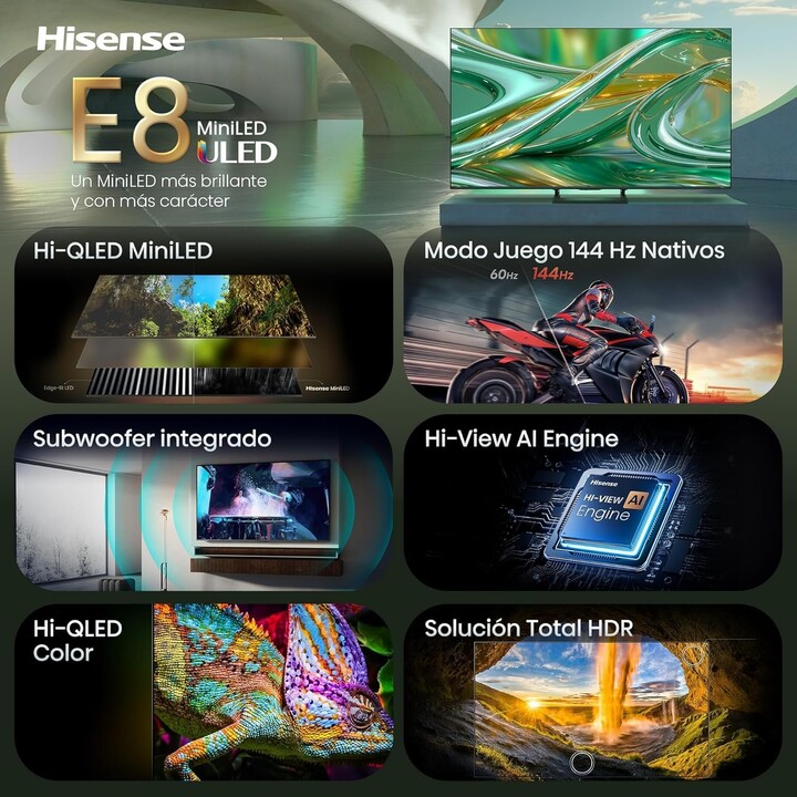 Hisense 65E8S - 65" Mini-LED-Smart-TV der E8-Serie mit Spielemodus und integriertem Subwoofer