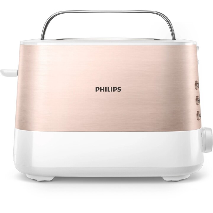 Torradeira Philips Viva Collection HD2638/11, 7 polegadas, 2 fatias, 950 W, cor ouro rosa, branca.