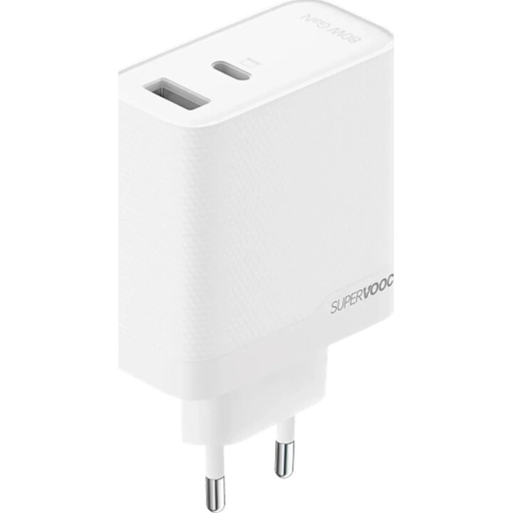 Carregador rápido OPPO SuperVOOC USB-C + USB-A 80W branco