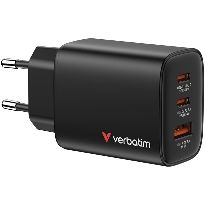 Chargeur mural Verbatim Essentials GaN / 2xUSB Type-C / 1xUSB / 65W