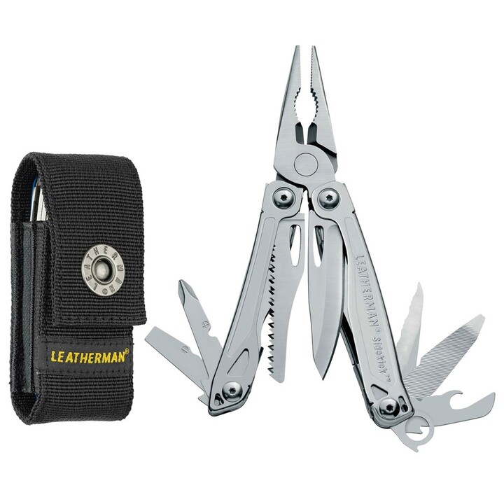 Alicate multifuncional de bolso Leatherman Sidekick com 14 ferramentas, cor prata.