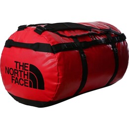 Mala de viagem The North Face Base Camp, 150L, em nylon e poliéster, nas cores preta e vermelha.
