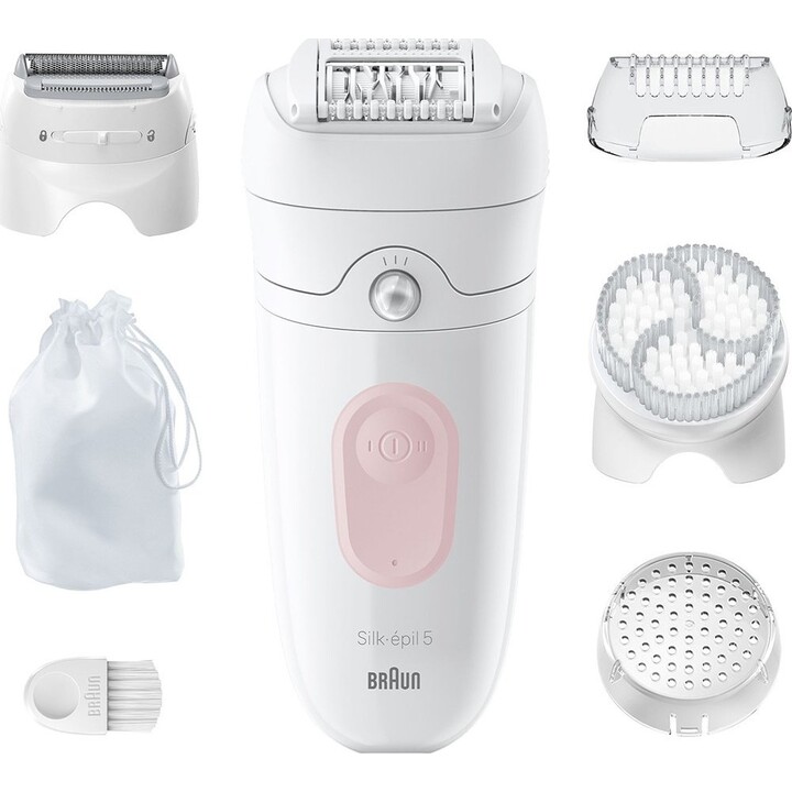 Braun Silk-épil 5 Kabelloser elektrischer Epilierer mit Peelingkopf, Nass- und Trockenanwendung, Weiß