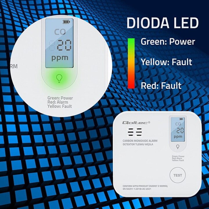 Qoltec 52577 Sensor inalámbrico de monóxido de carbono (CO) con batería | Vida útil del sensor: 10 años | Alarma: 85dB | CONDUJO