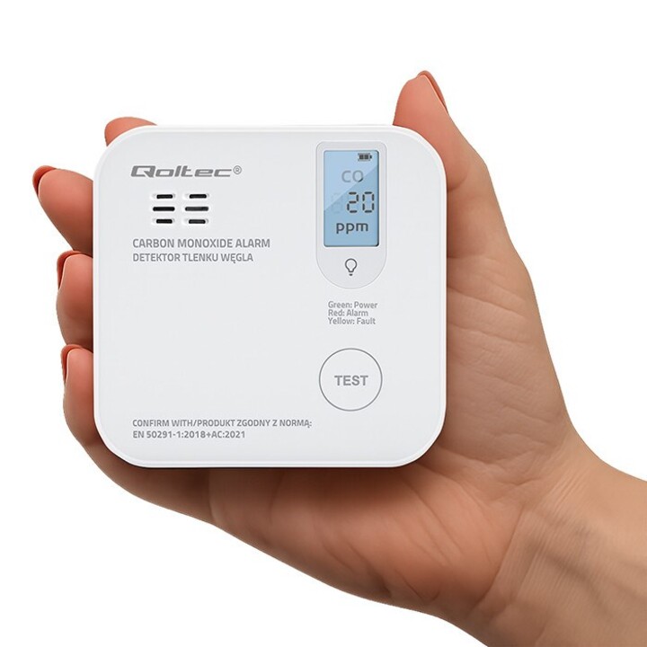 Qoltec 52577 Kabelloser Kohlenmonoxid-Sensor (CO) mit Batterie | Sensorlebensdauer 10 Jahre | Alarmlautstärke 85 dB | LED