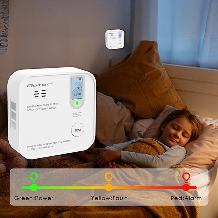 Qoltec 52577 Sensor inalámbrico de monóxido de carbono (CO) con batería | Vida útil del sensor: 10 años | Alarma: 85dB | CONDUJO