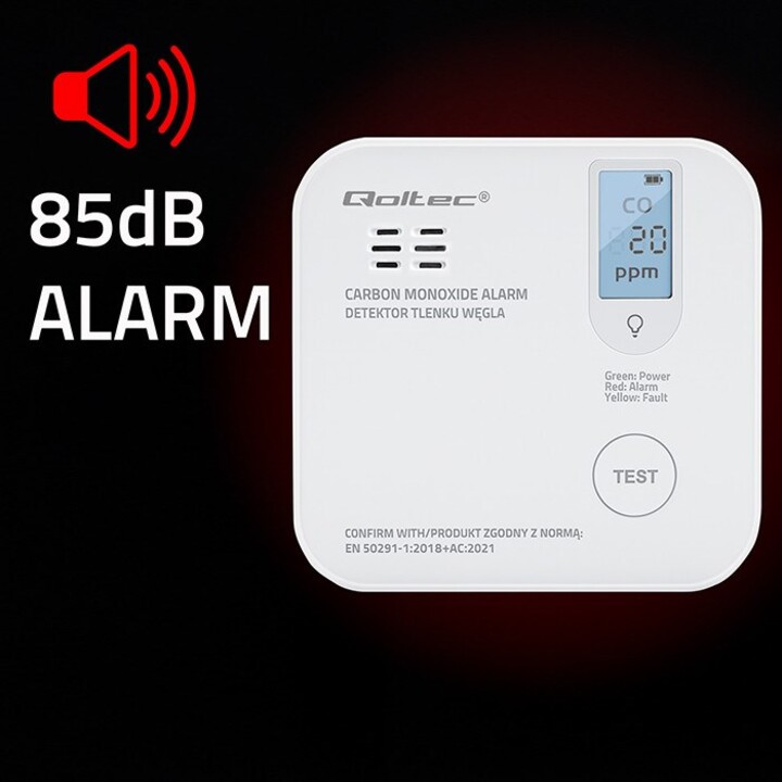 Qoltec 52577 Kabelloser Kohlenmonoxid-Sensor (CO) mit Batterie | Sensorlebensdauer 10 Jahre | Alarmlautstärke 85 dB | LED