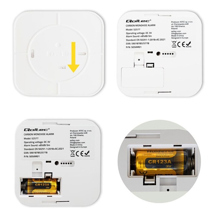 Qoltec 52577 Sensor inalámbrico de monóxido de carbono (CO) con batería | Vida útil del sensor: 10 años | Alarma: 85dB | CONDUJO