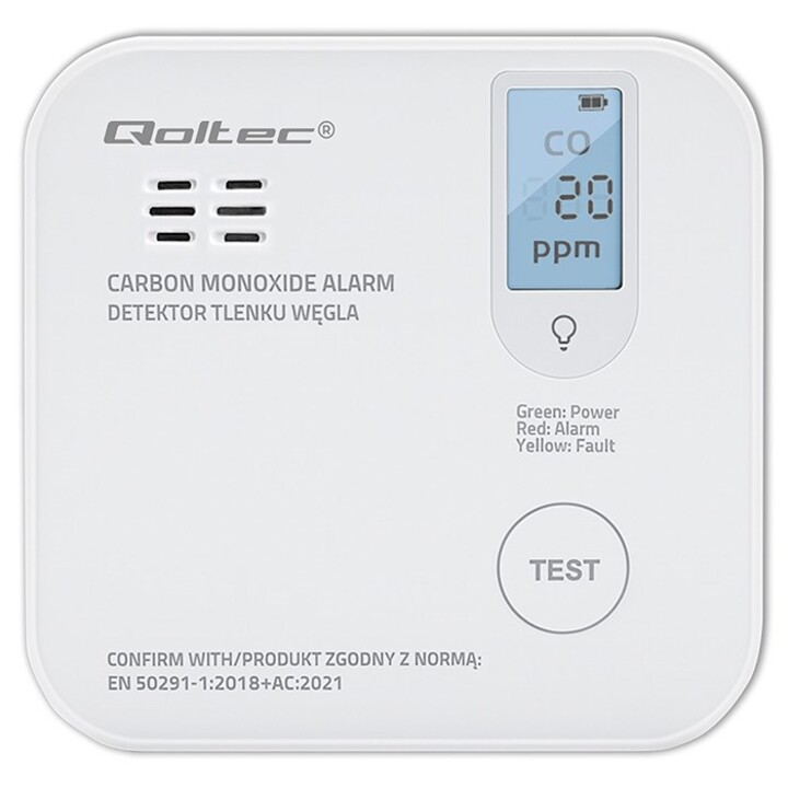 Qoltec 52577 Sensor inalámbrico de monóxido de carbono (CO) con batería | Vida útil del sensor: 10 años | Alarma: 85dB | CONDUJO