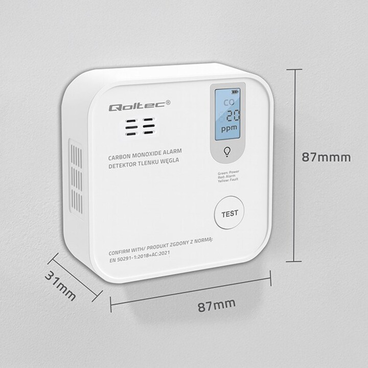 Qoltec 52577 Sensor inalámbrico de monóxido de carbono (CO) con batería | Vida útil del sensor: 10 años | Alarma: 85dB | CONDUJO