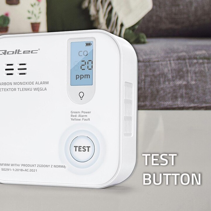 Qoltec 52577 Sensor inalámbrico de monóxido de carbono (CO) con batería | Vida útil del sensor: 10 años | Alarma: 85dB | CONDUJO