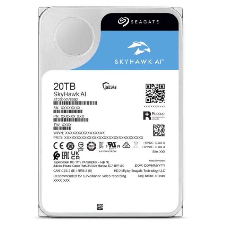 Disco rígido interno Seagate SkyHawk AI de 20 TB, 7200 RPM, 512 MB, 3,5", Serial ATA III