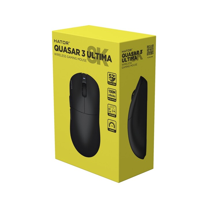 Mouse da gioco wireless HATOR Quasar 3 Ultimate 8K per destrorsi, RF wireless + Bluetooth + USB Type-C, ottico, 30000 DPI