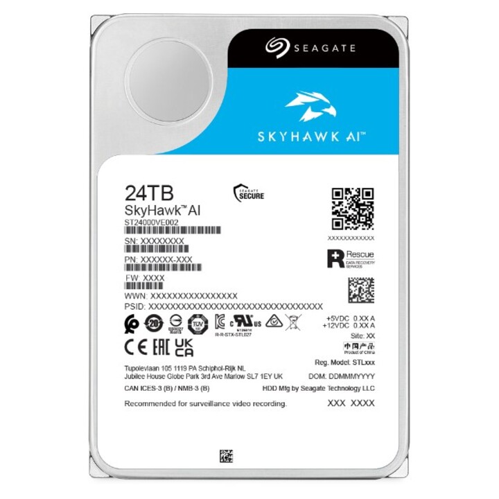 Disco rigido interno Seagate SkyHawk AI da 24 TB, 7200 RPM, 512 MB, 3,5", Serial ATA III