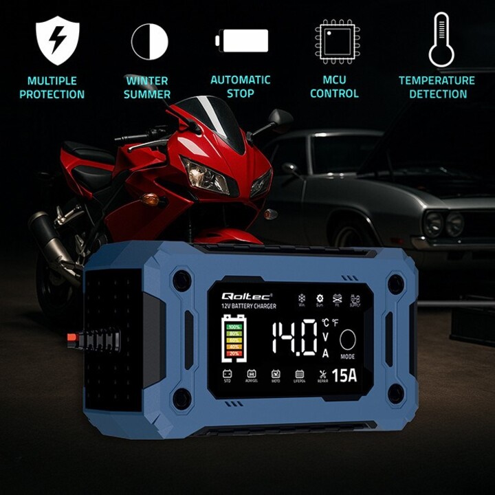 Qoltec 52496 Chargeur 12 V 15 A | Redresseur avec fonction de réparation et maintien de l'alimentation pendant le remplacement d