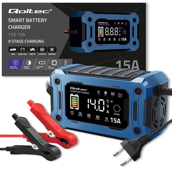Qoltec 52496 Chargeur 12 V 15 A | Redresseur avec fonction de réparation et maintien de l'alimentation pendant le remplacement d