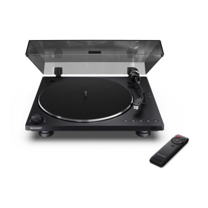Platine vinyle Sharp RP-TT100 : Bluetooth 5.4, USB-C, cellule Audio-Technica, automatique, capot anti-poussière, noire