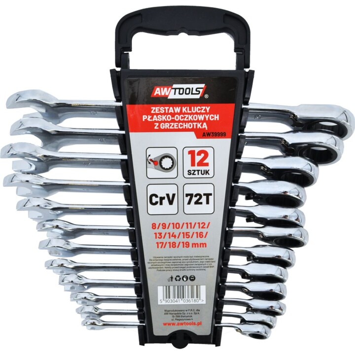 Jeu de 12 clés mixtes à cliquet AwTools, 8-19 mm, avec commutateur