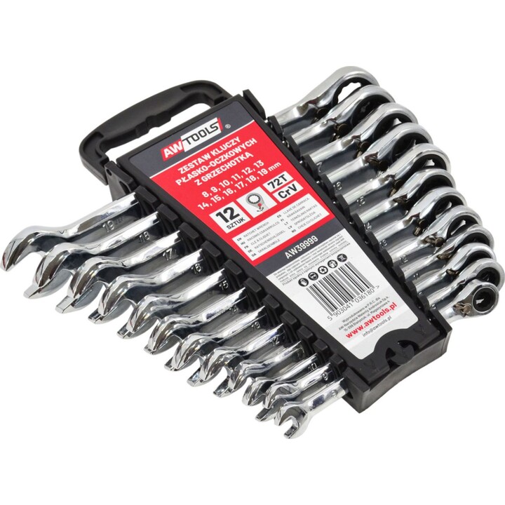 Jeu de 12 clés mixtes à cliquet AwTools, 8-19 mm, avec commutateur