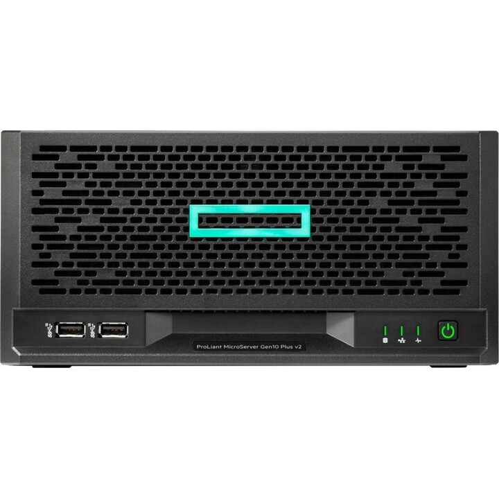 Servidor HPE ProLiant MicroServer Gen10 Plus v2 em formato torre com processador Intel Pentium Gold G6405, 16 GB de memória e 4 