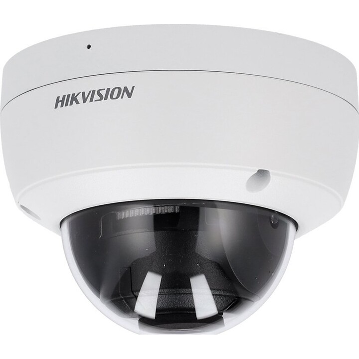 Cámara de red domo fija Hikvision AcuSense de 4 MP con iluminación híbrida inteligente, en color blanco y negro