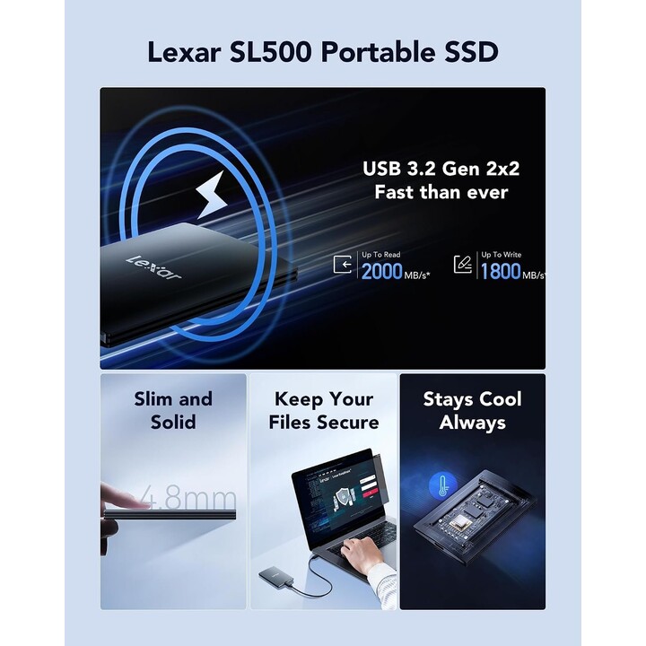 Lexar SL500 1 TB USB 3.2 Gen 2x2 tragbare SSD – Lesegeschwindigkeit von bis zu 2000 MB/s