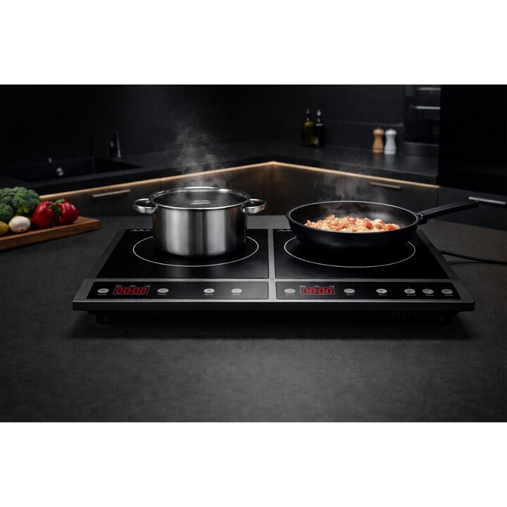 Induction hob, adjustable two-burner hob, 2000W + 2000W power.