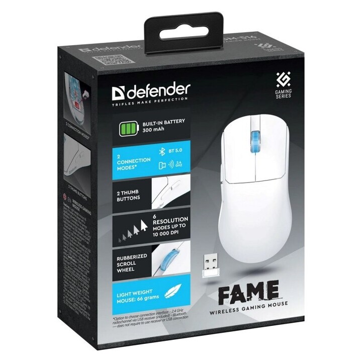 Mouse sem fio Defender Fame GM-516 RF+BT, 10000 DPI, 6 botões, branco