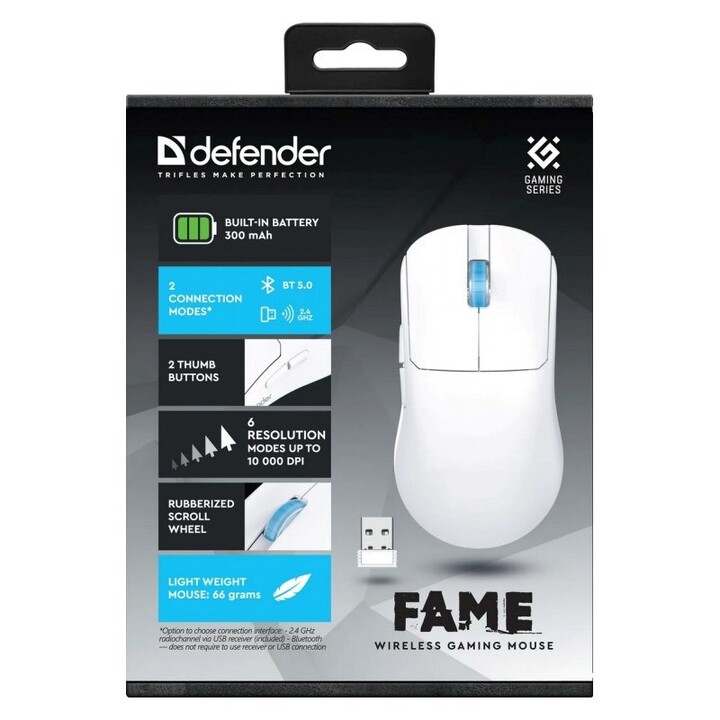 Mouse sem fio Defender Fame GM-516 RF+BT, 10000 DPI, 6 botões, branco