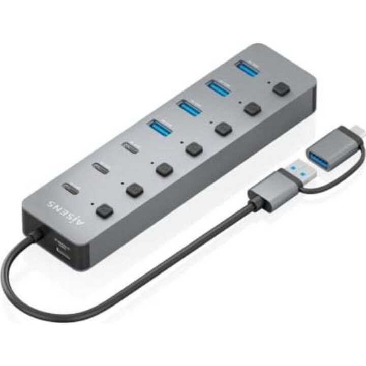 Aisens Hub USB Tipo-C + USB 3.1 ASUC-8P043-GR/ 4xUSB/ 3xUSB Tipo-C/ 1xUSB Tipo-C PD/ Gris