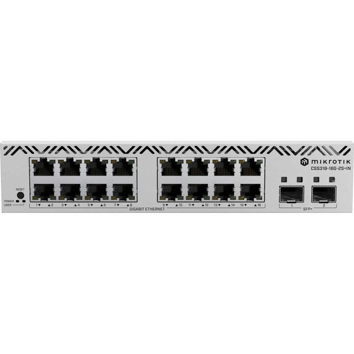 Switch MikroTik CSS318-16G-2S+IN com 16 portas Gigabit, 2 portas SFP+ de 10G e tecnologia Cloud Smart
