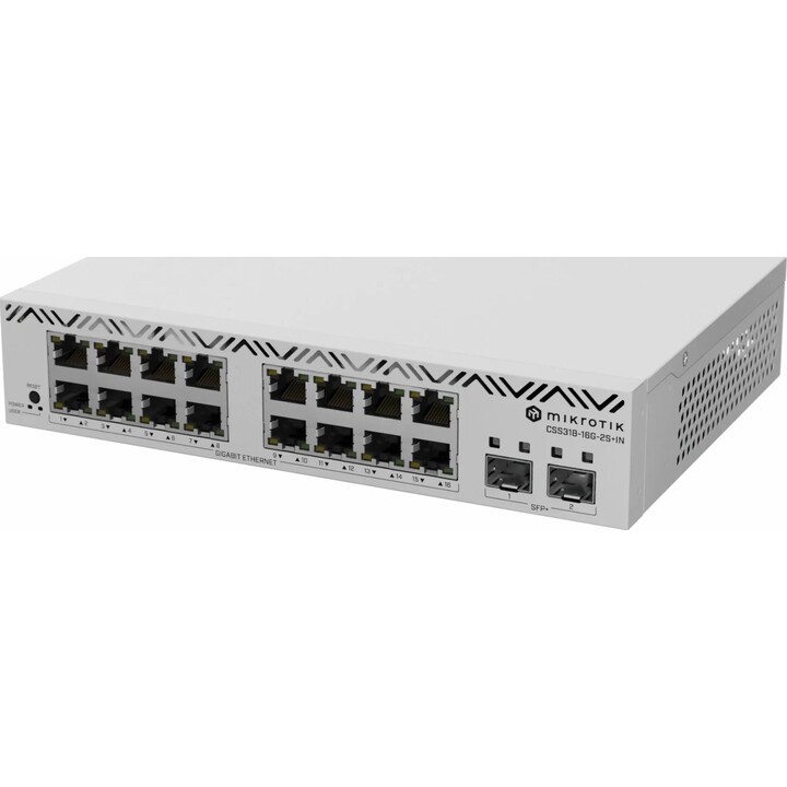 Switch MikroTik CSS318-16G-2S+IN com 16 portas Gigabit, 2 portas SFP+ de 10G e tecnologia Cloud Smart