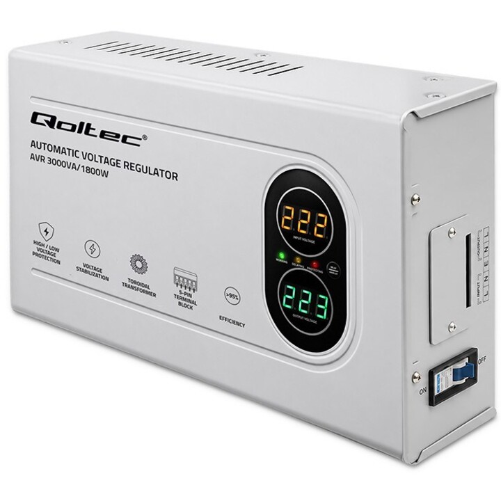 Estabilizador de Tensão Automático Qoltec AVR 3000VA | 1800W | Compacto | Transformador Toroidal