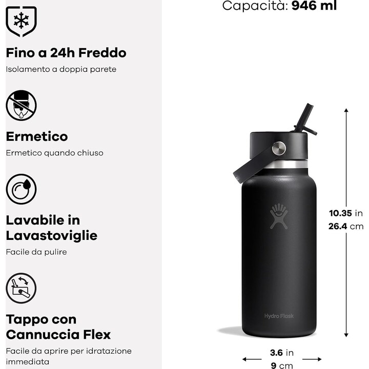 Garrafa Hydro Flask de 946 ml com canudo flexível largo (32 oz) - Preta