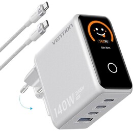 Caricabatterie da parete GaN Vention TZ-FCOI0-EU/ 3 porte USB Type-C + cavo USB Type-C/ 1 porta USB/ 140 W