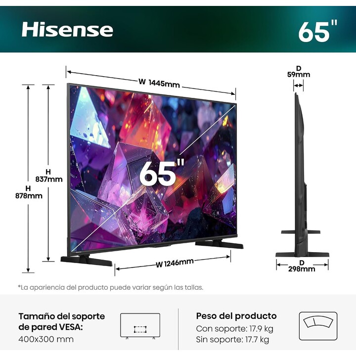 Téléviseur intelligent Hisense 65E7S Pro Hi-QLED 65 pouces, mode Jeu 144 Hz natif, technologie Hi-QLED Color, Dolby Vision et At