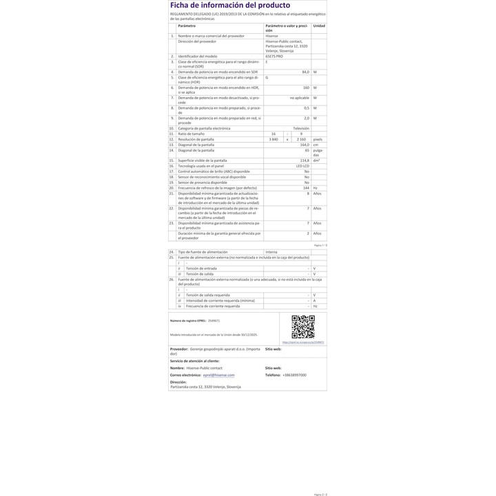 Téléviseur intelligent Hisense 65E7S Pro Hi-QLED 65 pouces, mode Jeu 144 Hz natif, technologie Hi-QLED Color, Dolby Vision et At