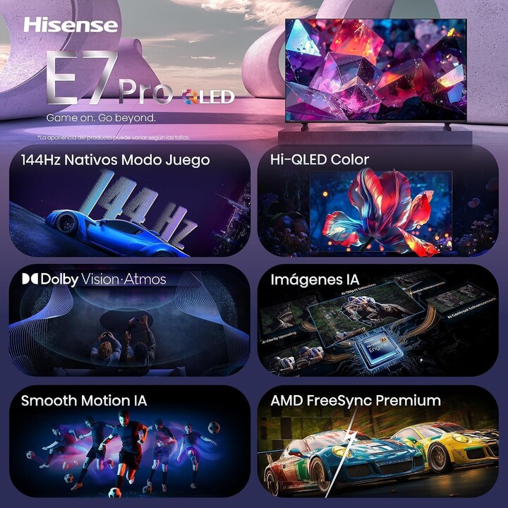 Televisor inteligente Hisense 65E7S Pro Hi-QLED de 65", modo de juego con 144 Hz nativos, tecnología Hi-QLED Color, Dolby Vision
