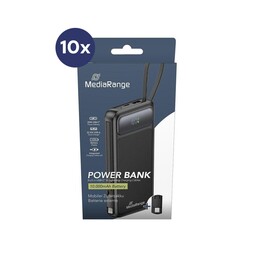 Batería externa/power bank MediaRange Mobile de 10.000 mAh con cables de carga integrados y pantalla LCD.