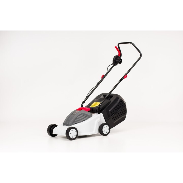 Cortador de grama elétrico com motor de indução de 1200W e largura de corte de 32cm.